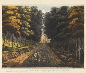 Abordagem para a aldeia de Waterloo, com a Capela de Waterloo visto à distância, de "Uma Relato Histórico da Batalha de Waterloo", 1817 (colorido aquatint)